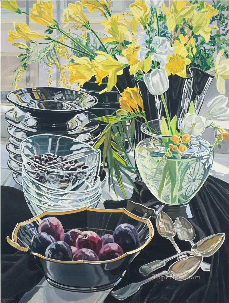 flores en vidrio y frutas realismo JF bodegón Pintura al óleo